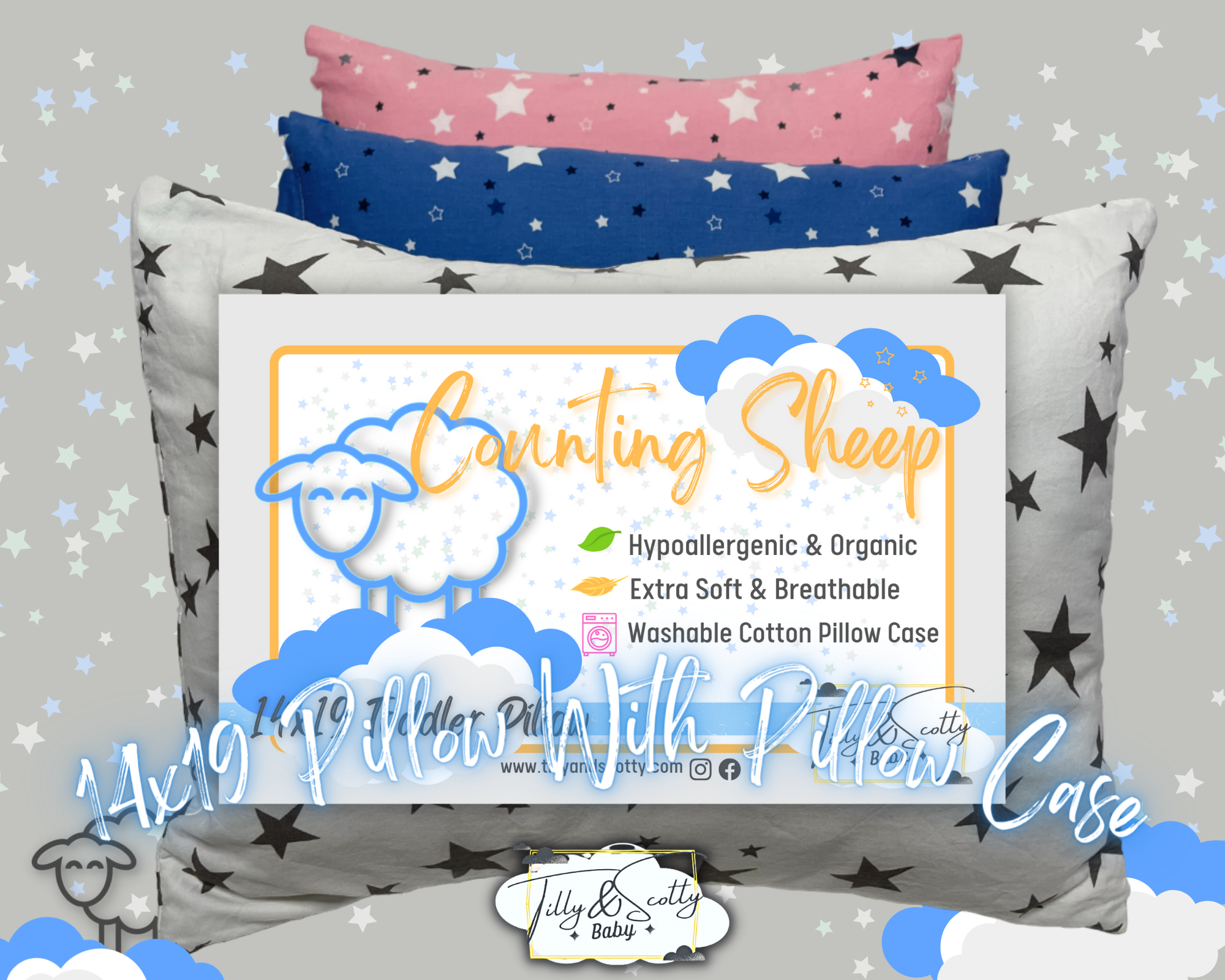 Tilly & Scotty Pillows - Stars and Stripes Design - Super Soft Organic Cotton Pillowcase - 14x19 Plush Filled Pillows Hypoallergenic - Children, Toddlers, Kids and Travel - Pink, Blue, Grey available