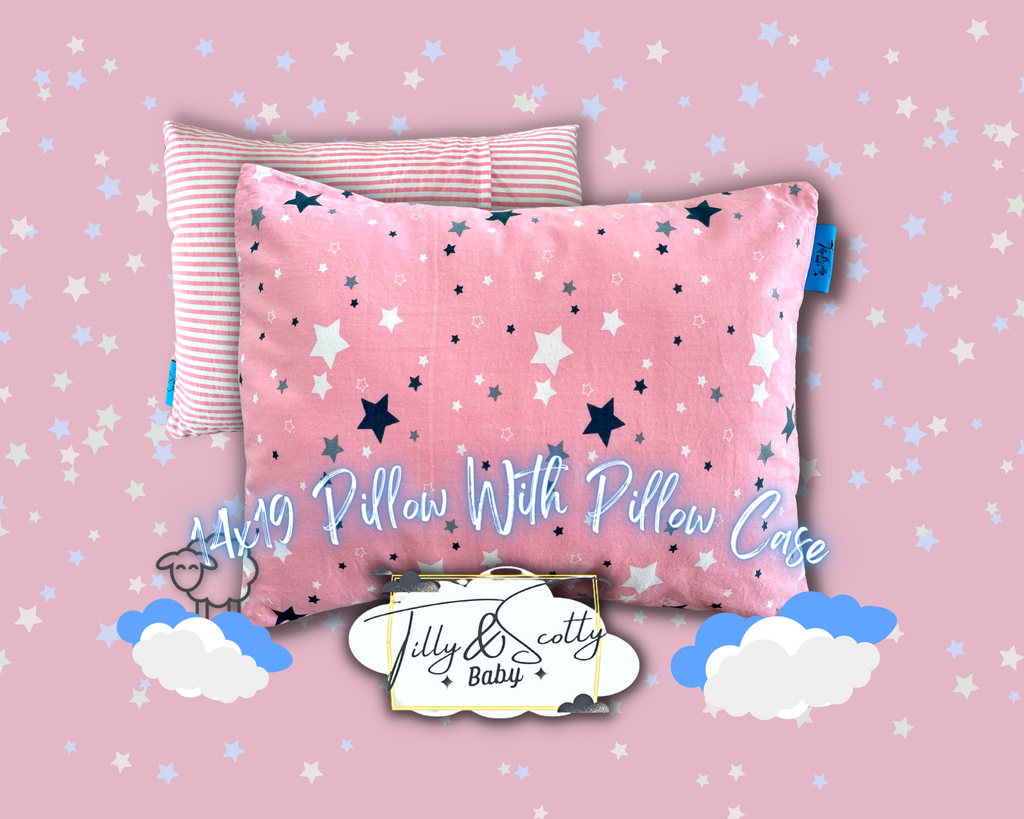 Pink Tilly & Scotty Pillow - Stars and Stripes Design - Super Soft Organic Cotton Pillowcase - 14x19 Plush Filled Pillows Hypoallergenic - 2-8+ year old Children, Toddlers, Kids, Baby, Travel - Pink, Blue, Grey available