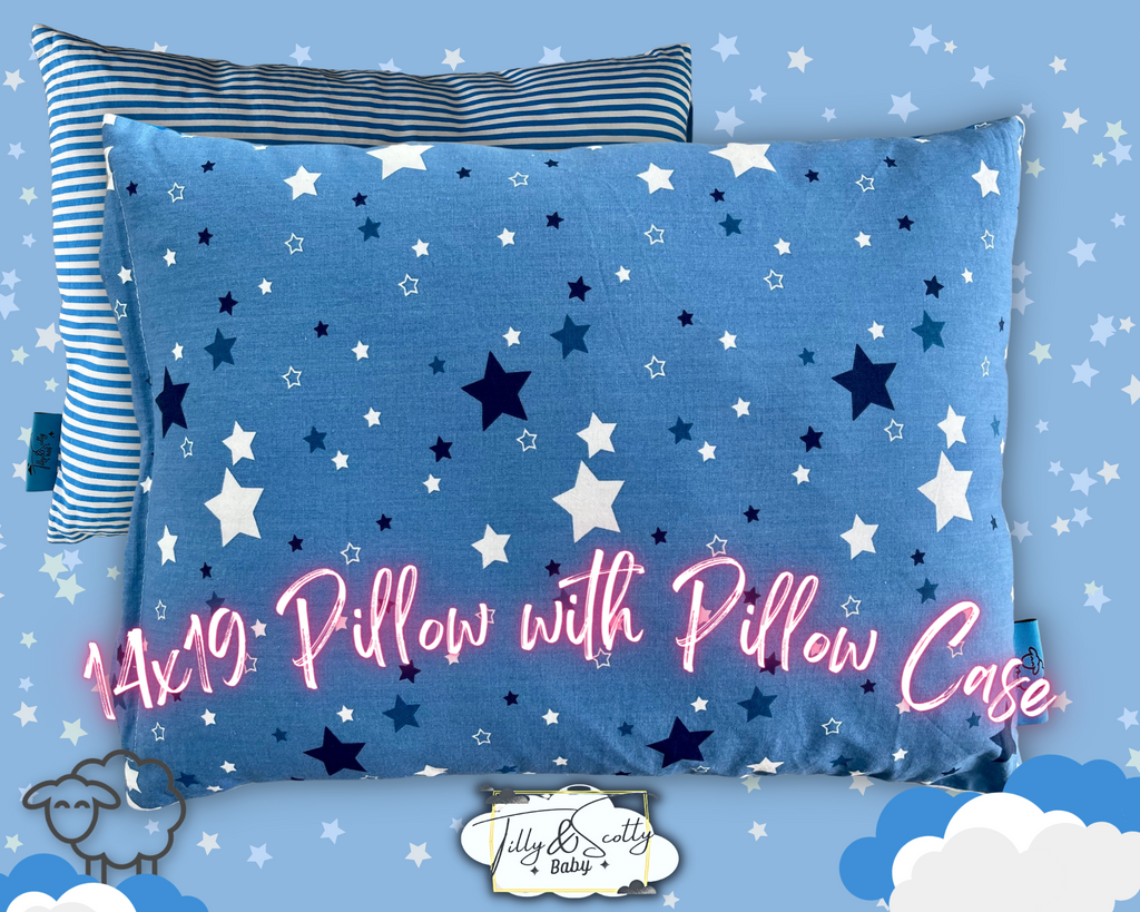 Blue Tilly & Scotty Pillow - Stars and Stripes - Super Soft Organic Cotton Pillowcase - 14x19 Plush Filled Pillows Hypoallergenic - 2-8+ year old Children, Toddlers, Kids, Baby, Travel - Pink, Blue, Grey available