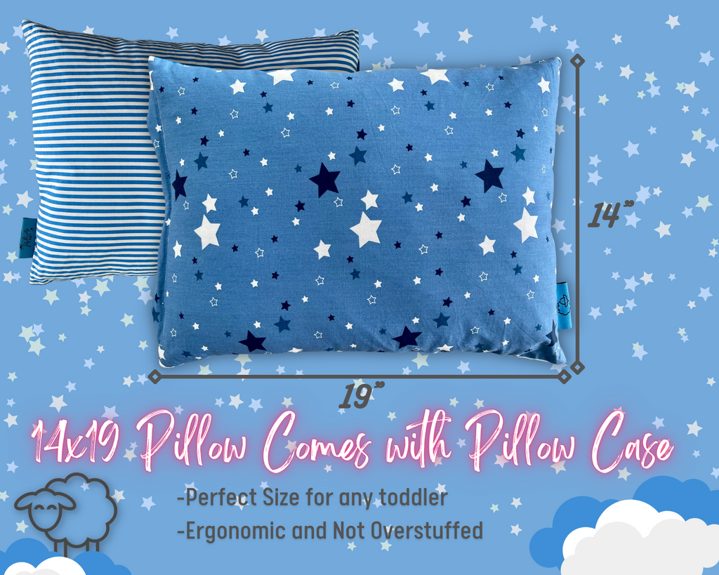 Blue Tilly & Scotty Pillow - Stars and Stripes - Super Soft Organic Cotton Pillowcase - 14x19 Plush Filled Pillows Hypoallergenic - 2-8+ year old Children, Toddlers, Kids, Baby, Travel - Pink, Blue, Grey available