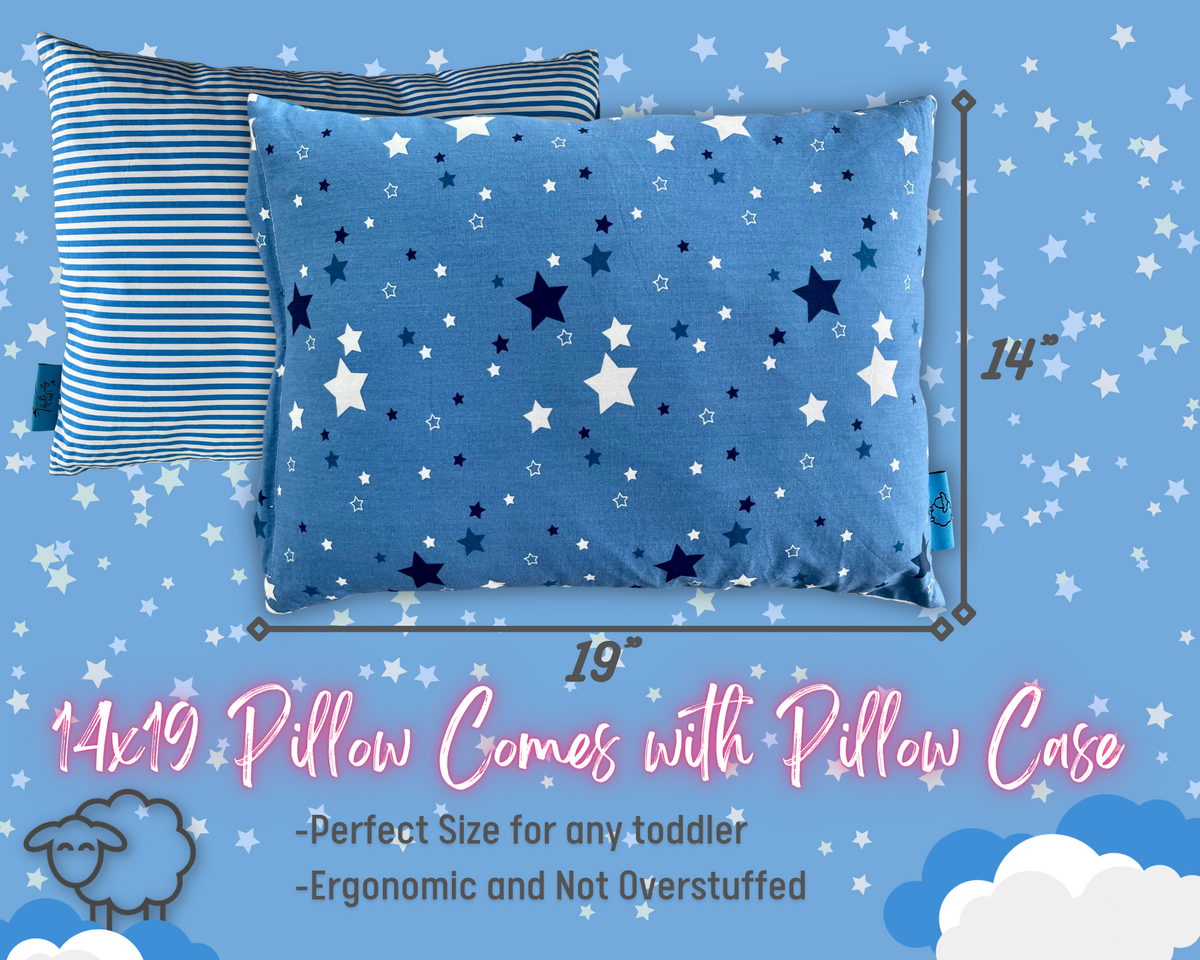 Blue Tilly & Scotty Pillow - Stars and Stripes - Super Soft Organic Cotton Pillowcase - 14x19 Plush Filled Pillows Hypoallergenic - 2-8+ year old Children, Toddlers, Kids, Baby, Travel - Pink, Blue, Grey available