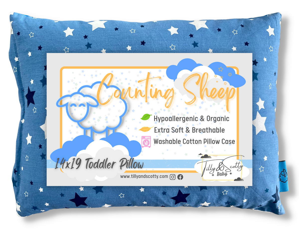 Blue Tilly & Scotty Pillow - Stars and Stripes - Super Soft Organic Cotton Pillowcase - 14x19 Plush Filled Pillows Hypoallergenic - 2-8+ year old Children, Toddlers, Kids, Baby, Travel - Pink, Blue, Grey available