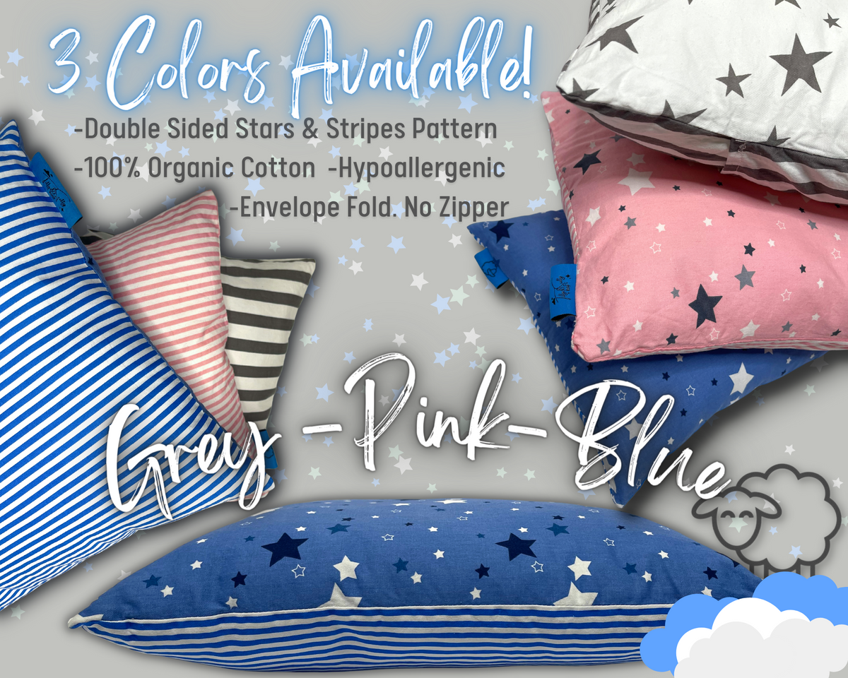 Tilly & Scotty Pillows - Stars and Stripes Design - Super Soft Organic Cotton Pillowcase - 14x19 Plush Filled Pillows Hypoallergenic - Children, Toddlers, Kids and Travel - Pink, Blue, Grey available
