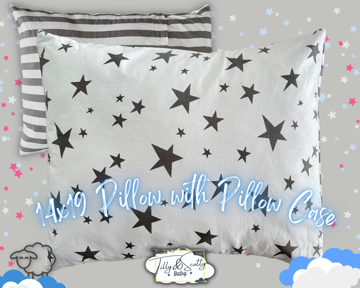Tilly & Scotty Pillows - Stars and Stripes Design - Super Soft Organic Cotton Pillowcase - 14x19 Plush Filled Pillows Hypoallergenic - Children, Toddlers, Kids and Travel - Pink, Blue, Grey available