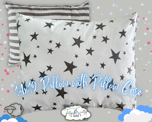 White Tilly & Scotty Pillow - Stars and Stripes Design - Super Soft Organic Cotton Pillowcase - 14x19 Plush Filled Pillows Hypoallergenic - 2-8+ year old Children, Toddlers, Kids, Baby, Travel - Pink, Blue, Grey available