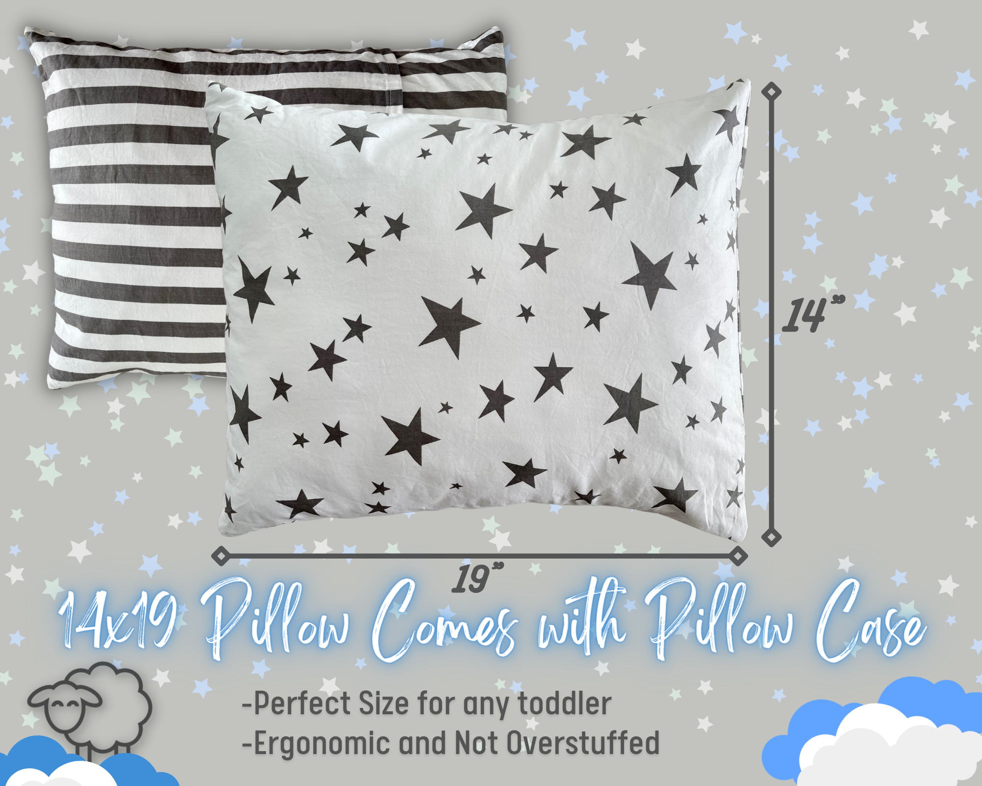 White Tilly & Scotty Pillow - Stars and Stripes Design - Super Soft Organic Cotton Pillowcase - 14x19 Plush Filled Pillows Hypoallergenic - 2-8+ year old Children, Toddlers, Kids, Baby, Travel - Pink, Blue, Grey available