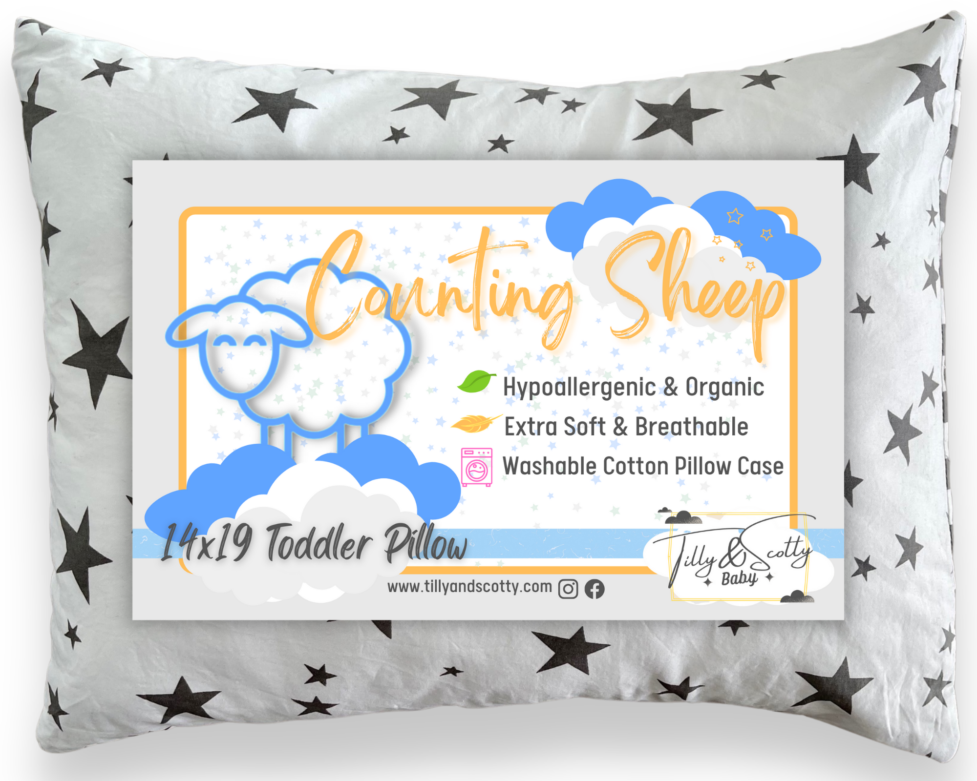 White Tilly & Scotty Pillow - Stars and Stripes Design - Super Soft Organic Cotton Pillowcase - 14x19 Plush Filled Pillows Hypoallergenic - 2-8+ year old Children, Toddlers, Kids, Baby, Travel - Pink, Blue, Grey available