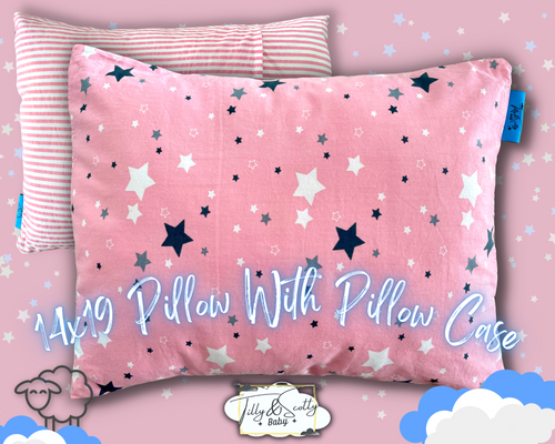 Pink Tilly & Scotty Pillow - Stars and Stripes Design - Super Soft Organic Cotton Pillowcase - 14x19 Plush Filled Pillows Hypoallergenic - 2-8+ year old Children, Toddlers, Kids, Baby, Travel - Pink, Blue, Grey available