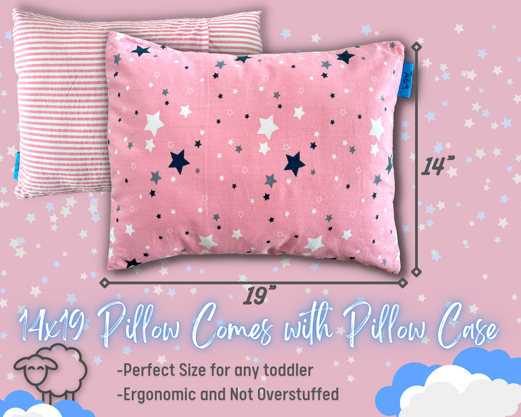 Pink Tilly & Scotty Pillow - Stars and Stripes Design - Super Soft Organic Cotton Pillowcase - 14x19 Plush Filled Pillows Hypoallergenic - 2-8+ year old Children, Toddlers, Kids, Baby, Travel - Pink, Blue, Grey available