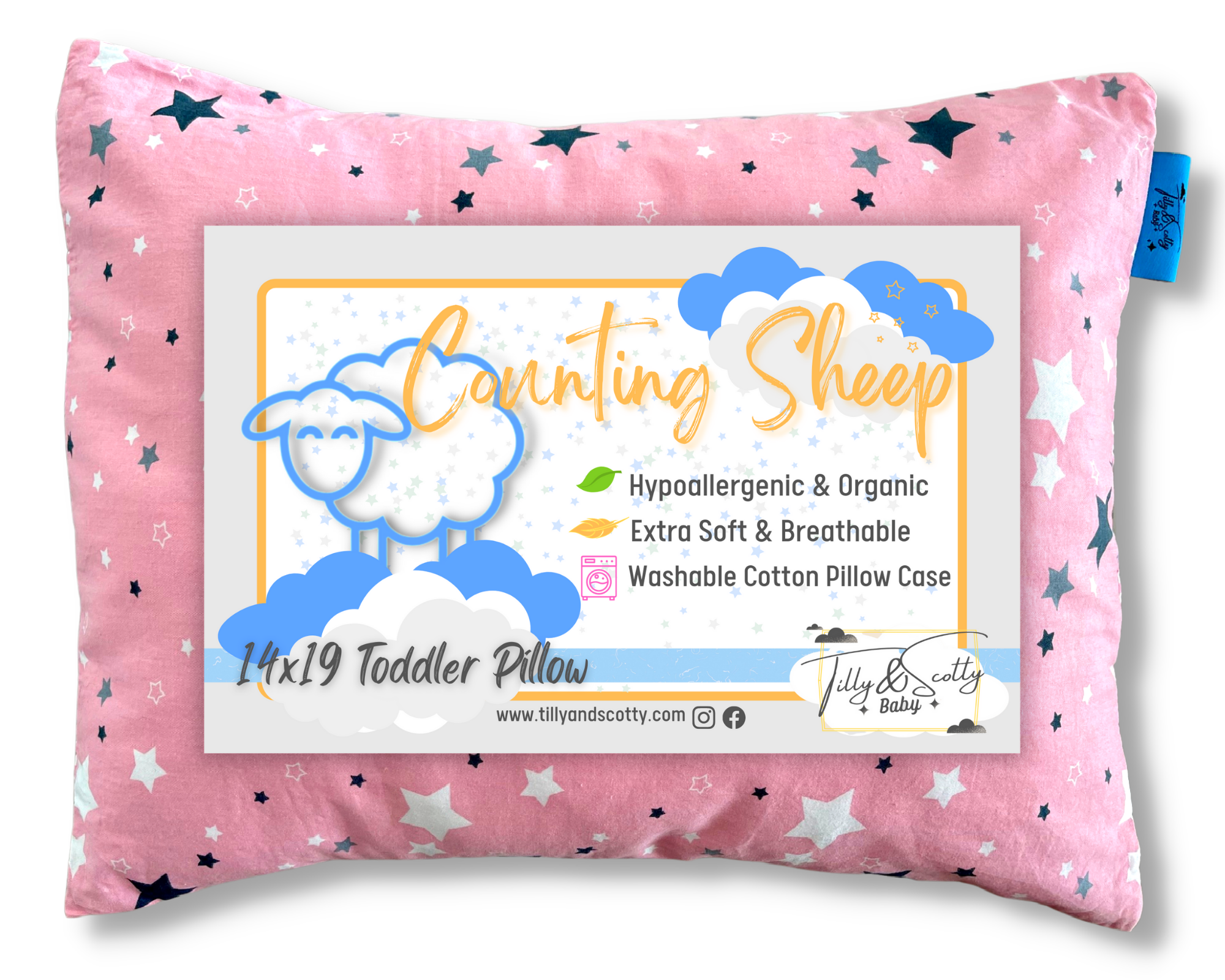 Pink Tilly & Scotty Pillow - Stars and Stripes Design - Super Soft Organic Cotton Pillowcase - 14x19 Plush Filled Pillows Hypoallergenic - 2-8+ year old Children, Toddlers, Kids, Baby, Travel - Pink, Blue, Grey available